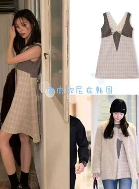 现货韩国viaplain 25新款甜美拼接格纹蕾丝V领显瘦无袖背心连衣裙