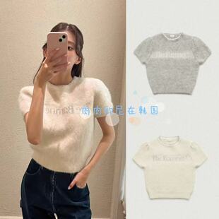 现货韩国The barnnet 新款八奶甜美温柔圆领字母短袖针织衫毛衣女