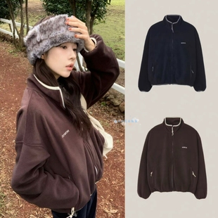现货howus 2024冬季新款美式复古百搭休闲摇粒绒立领卫衣夹克外套