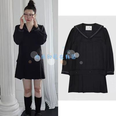 学院风海军领百褶长袖连衣裙短裙