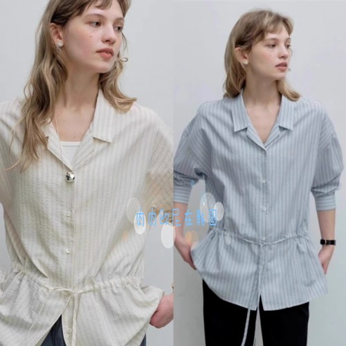 韩系条纹翻领收腰系带长袖衬衫女