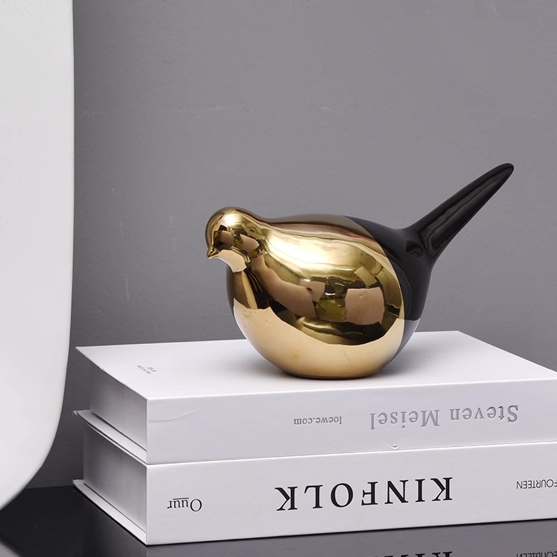 北欧创意金色陶瓷小鸟摆件