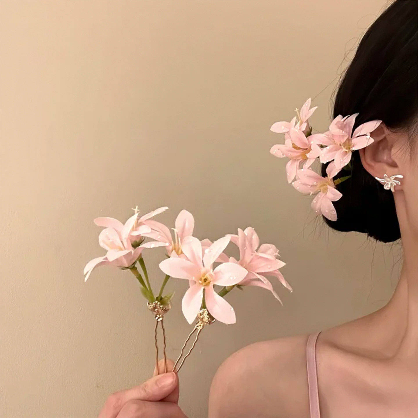 朵儿朵「花开椿时」超仙粉色花朵发簪发饰女海边度假风头花头饰