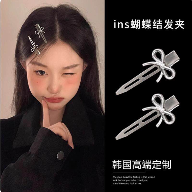 金属银色蝴蝶结夹子发饰发夹女前额刘海侧边夹碎发卡子鸭嘴夹头饰