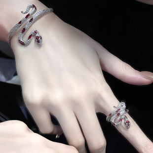 暗黑灵蛇小众蛇形红色珐琅滴釉冷淡轻奢开口中性风手镯戒指男女