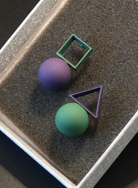 925银个性不对称AB款耳环女紫色耳坠防过敏韩国耳钉气质盘发器