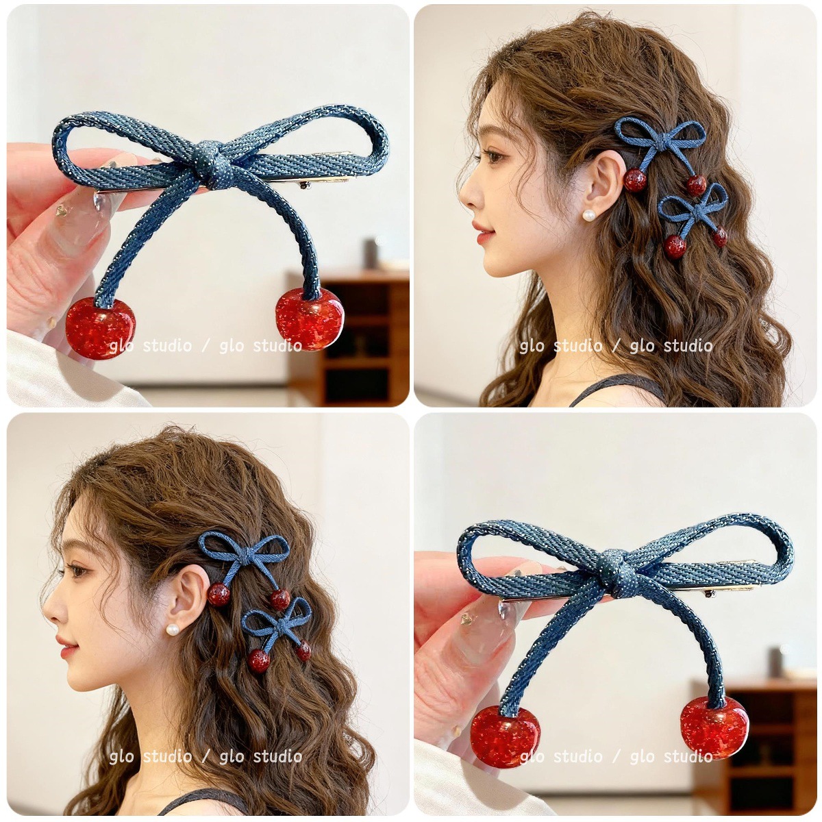 气质牛仔蝴蝶结樱桃发夹女侧边夹前额碎发刘海夹发饰甜美头饰发卡