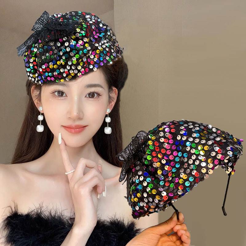 鱼鳞亮片复古蝴蝶结半帽发箍