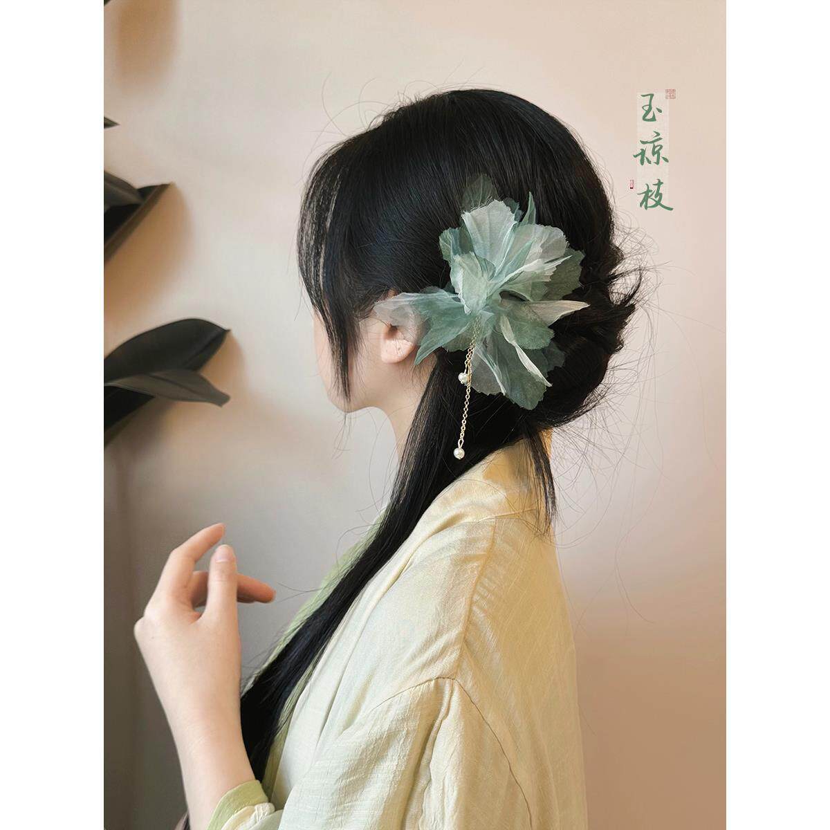 「枯叶蝶」仙气雪纺花朵U型发簪古风女高级新中式马面裙发钗簪子