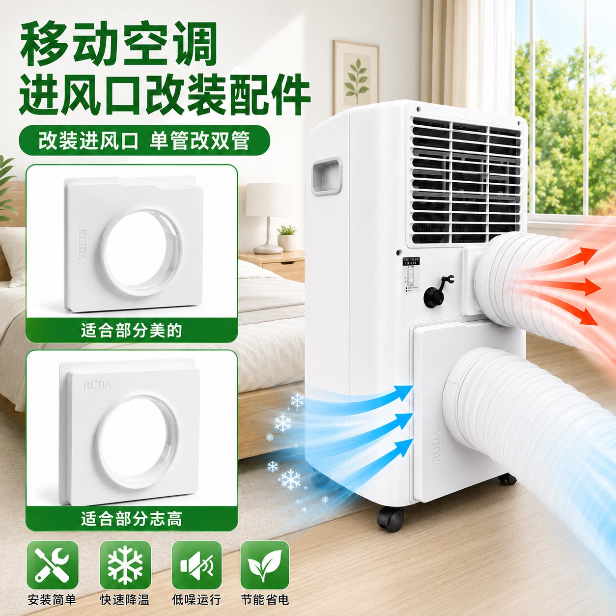 移动空调单管改双管适用志高移动空调单管改双管进风口改装排气