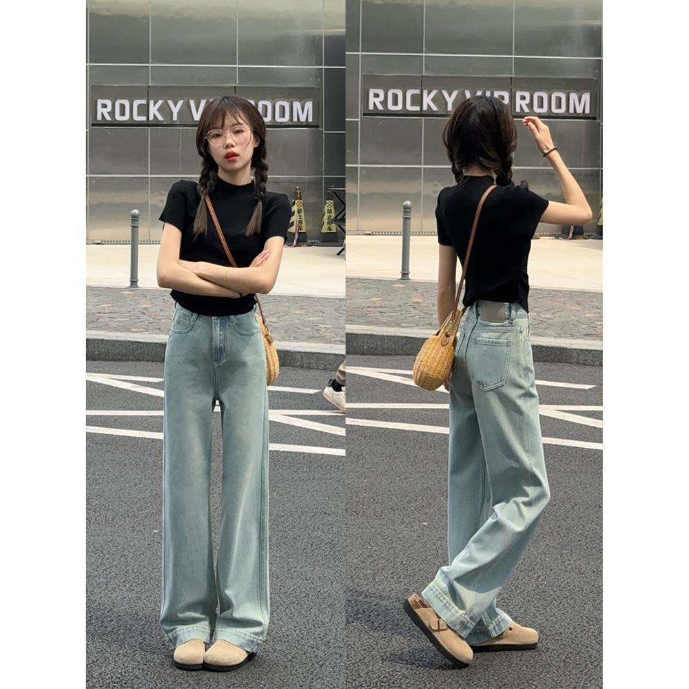 王家有鱼2025春夏浅色新款宽松阔腿牛仔裤女高腰百搭显瘦小个子