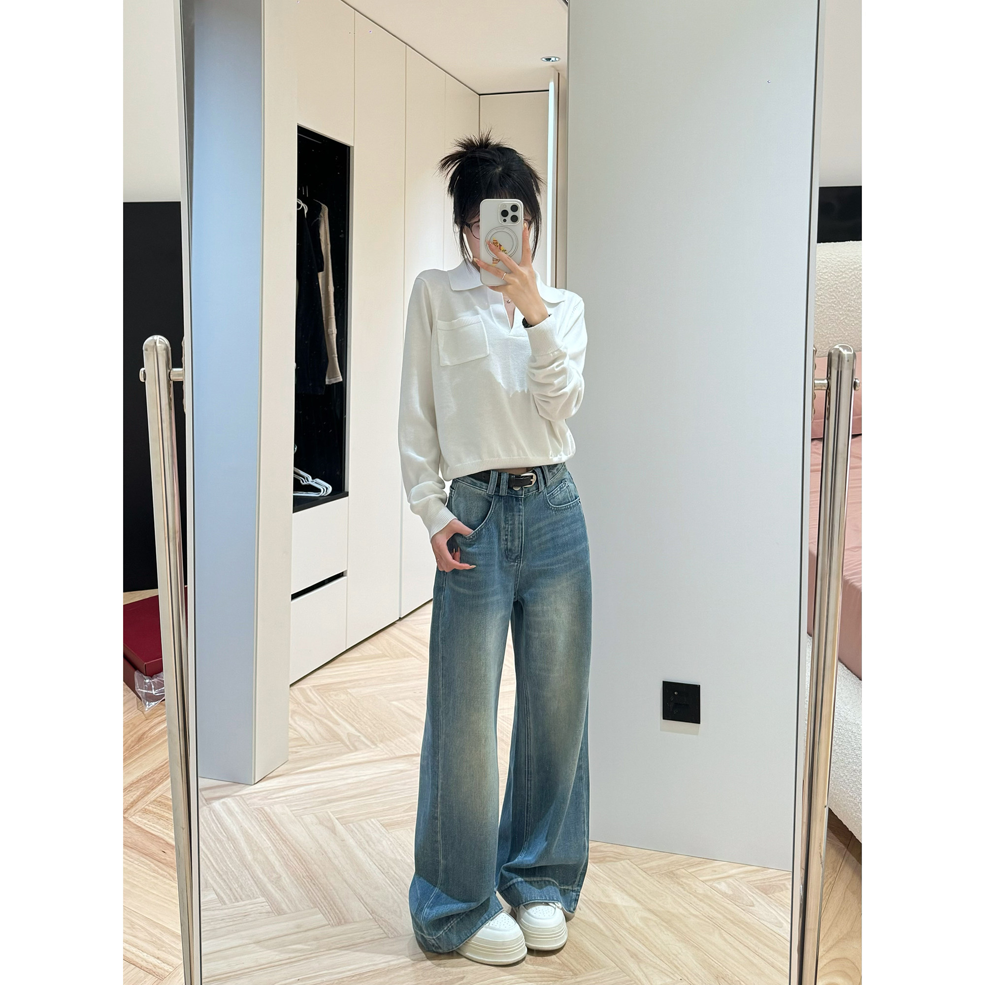 王家有鱼2026春季新款阔腿裤中高腰复古牛仔裤子女款休闲宽松长裤