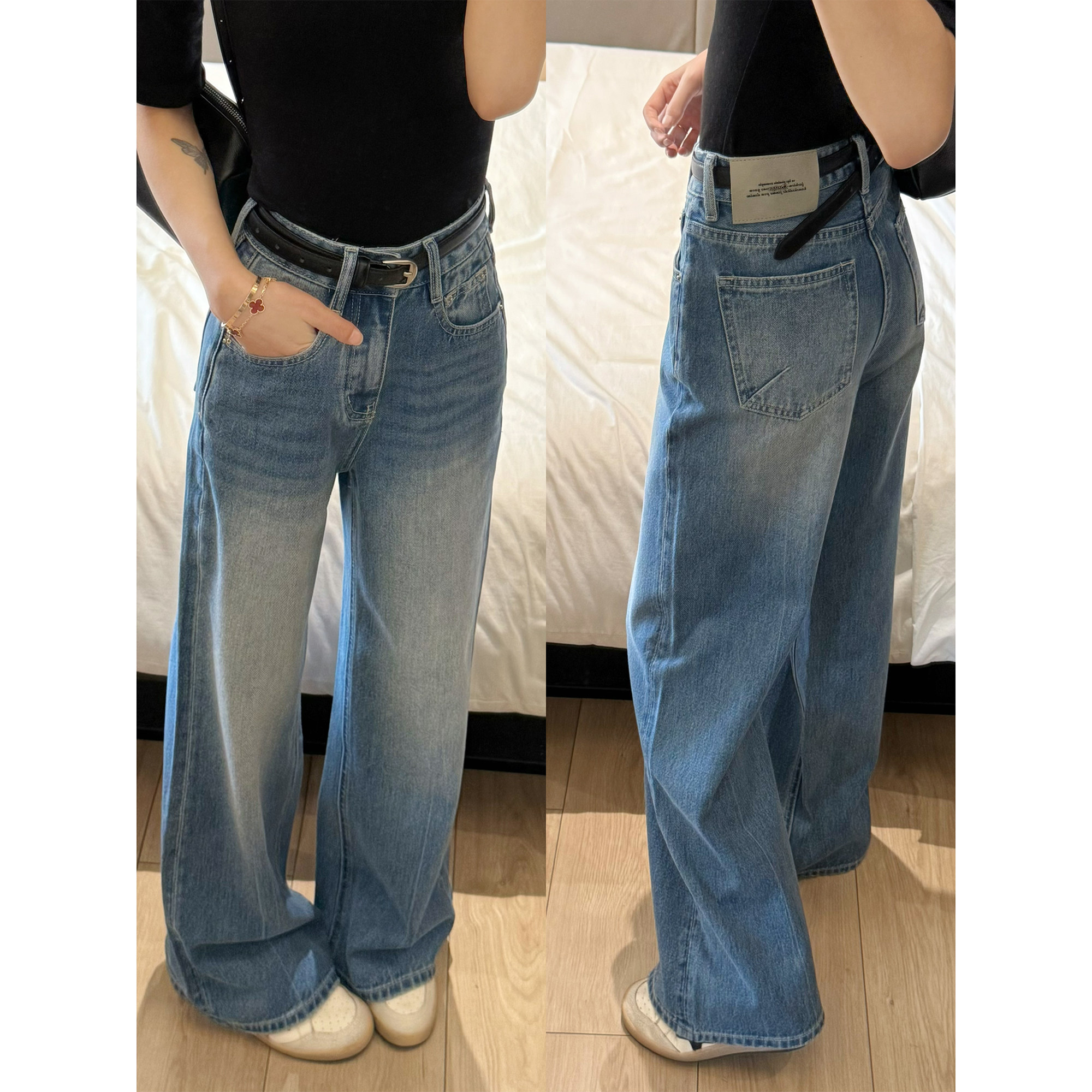 王家有鱼2026年早春新款复古蓝百搭高腰显瘦猫须宽松阔腿牛仔裤女