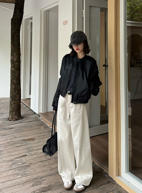 王家有鱼米杏色阔腿弯刀牛仔裤女2025秋季新款宽松显瘦垂感拖地裤