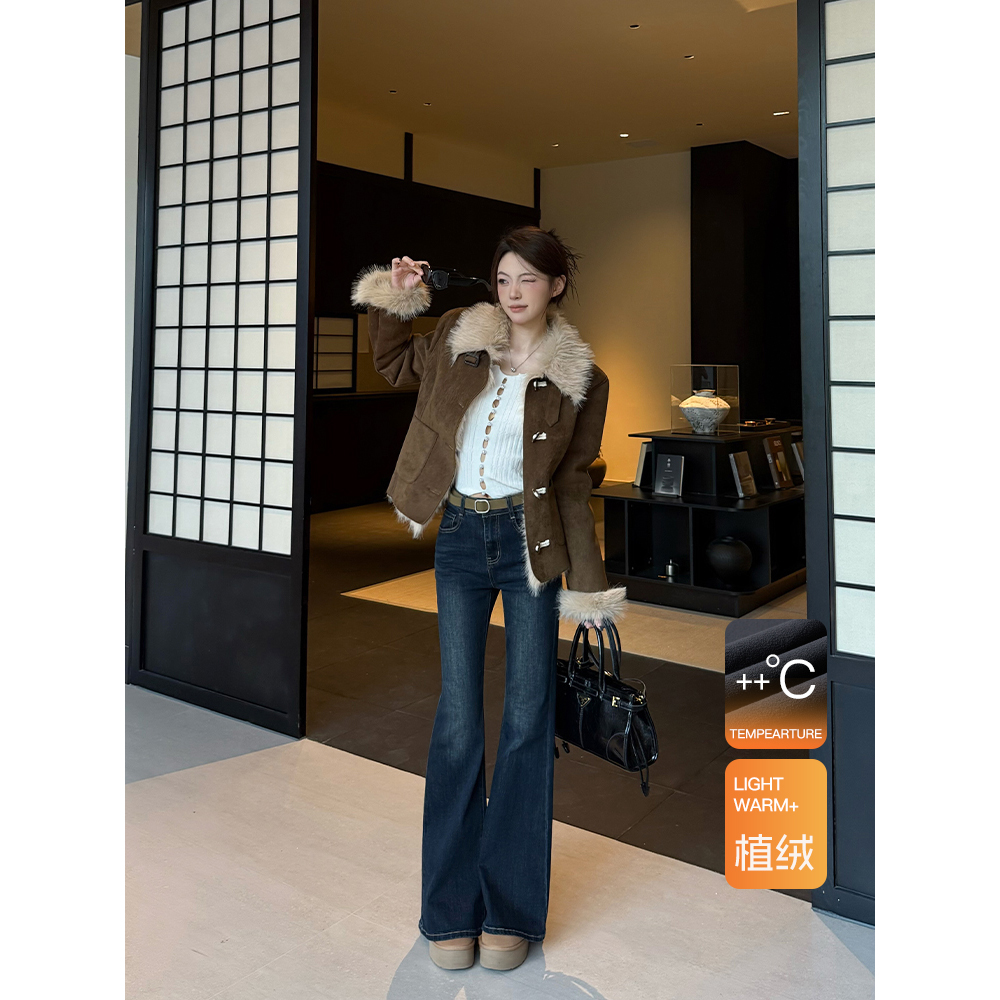 王家有鱼加绒新款不贴腿微喇裤女