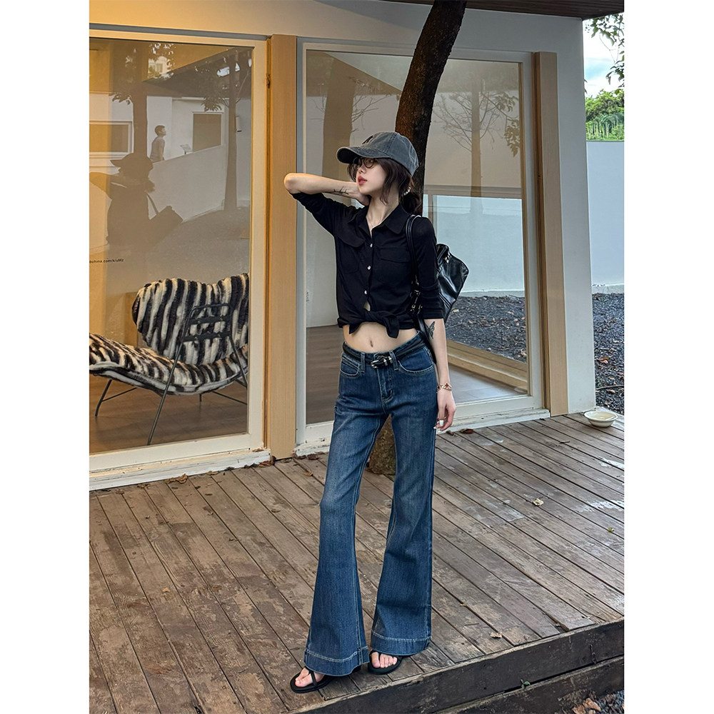 王家有鱼新款2025复古时尚微喇裤女装百搭牛仔裤修身长裤显瘦裤子