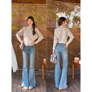王家有鱼2026年早春新款复古蓝不贴腿微喇裤百搭显瘦牛仔裤子女款