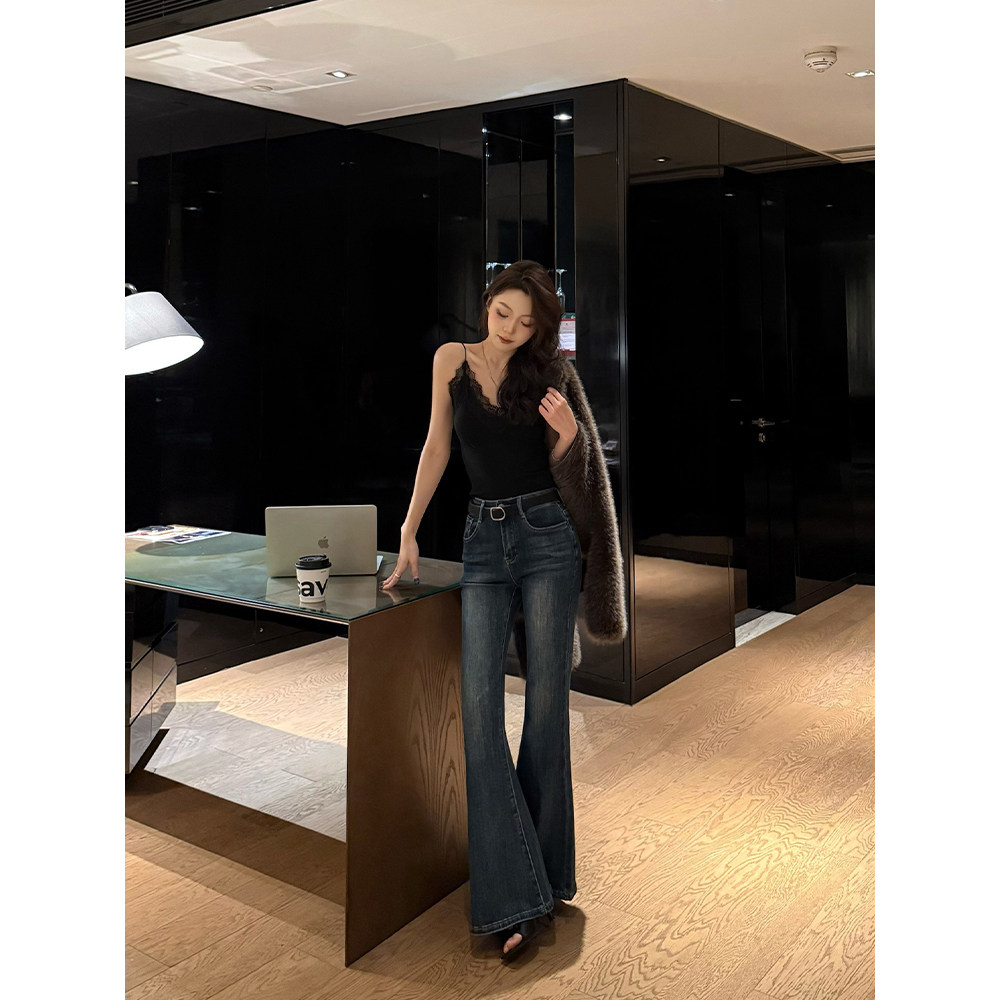 王家有鱼新款复古微喇牛仔裤中高腰不贴腿气质显瘦女裤子时尚长裤