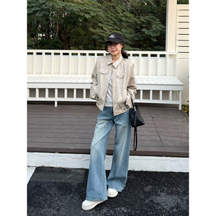 王家有鱼2026早春新款阔腿裤刺绣低腰复古蓝显瘦百搭牛仔裤子女款