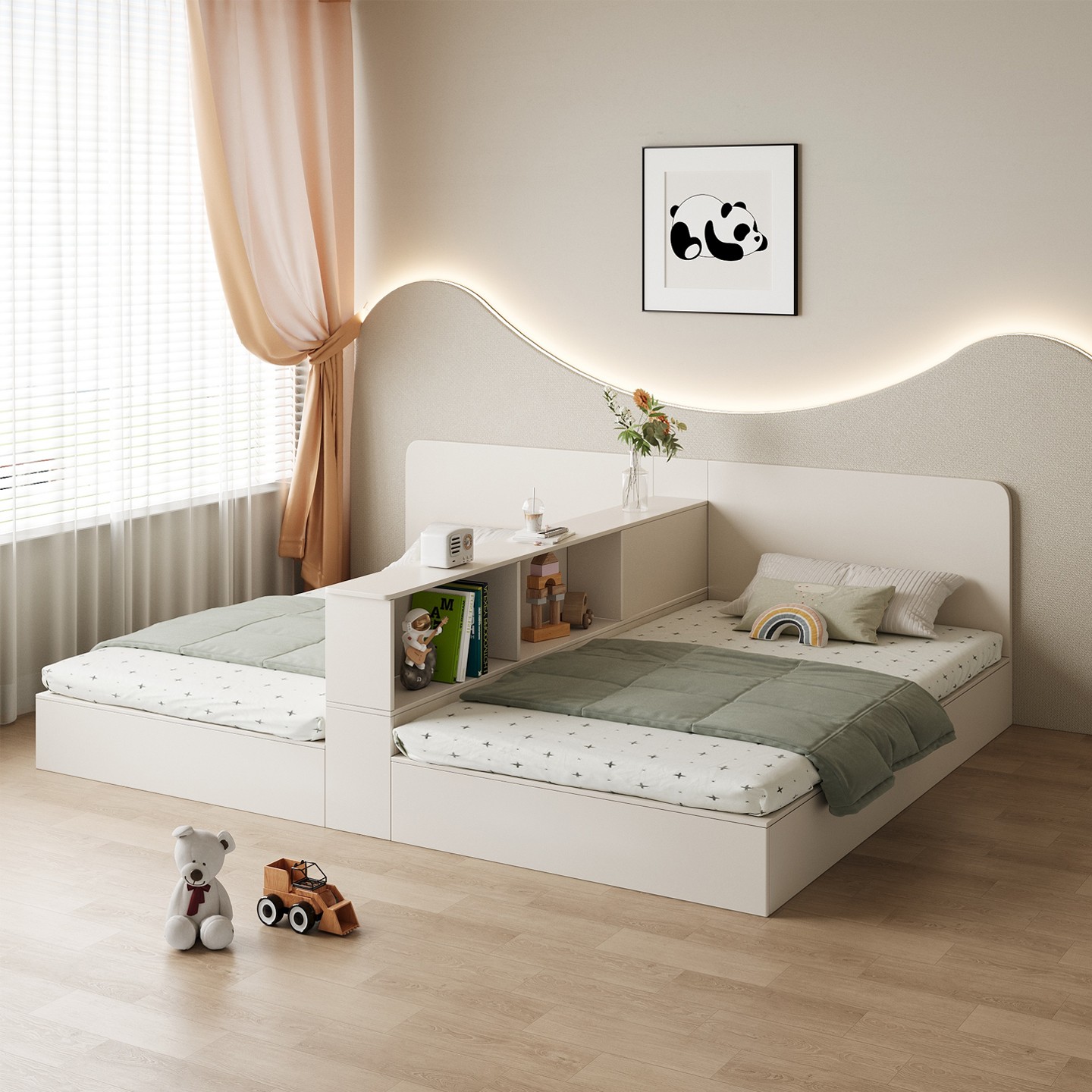 实木互不干扰双人床榻榻米隔断床简约儿童床分床睡两床储物床定制