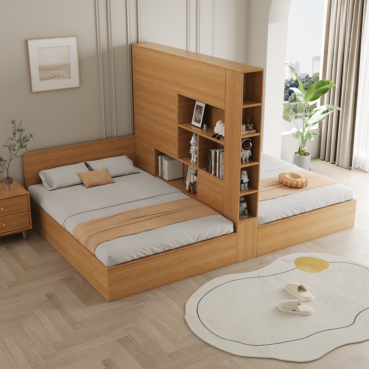 互不干扰姐弟床子母床双人床小户型带隔断的床原木风儿童房储物床