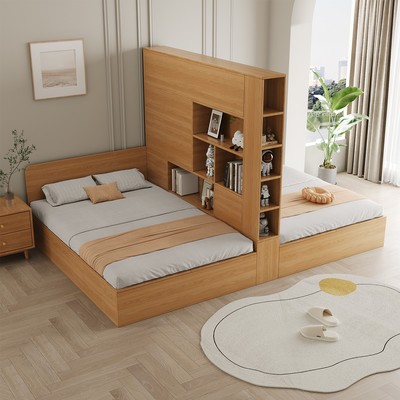 互不干扰姐弟床子母床双人床小户型带隔断的床原木风儿童房储物床