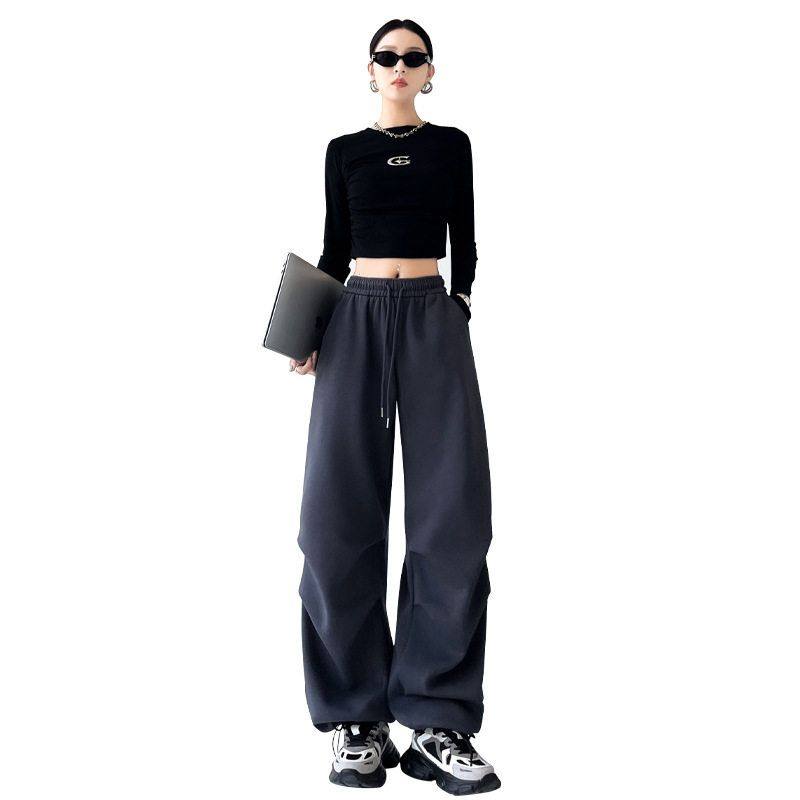 垂感华棉高腰显瘦春季休闲女阔腿裤灰色工装裤子降落伞美式运动裤,女装/女士精品,休闲裤,淘宝优惠券,粉丝福利购,淘宝优惠卷