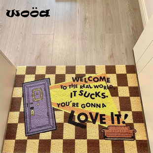 老友记进门入户门丝圈地垫格子黄色趣味卡通片蹭土创意耐脏脚垫