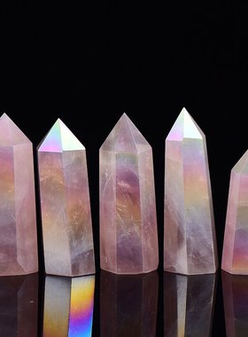 天然电镀彩色粉晶单尖水晶柱六棱柱原石打磨摆件家居装饰工艺品