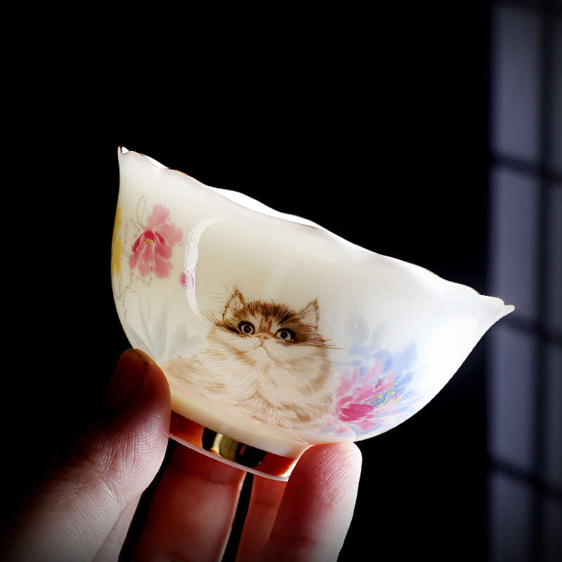 羊脂玉瓷盖碗茶杯德化白瓷猫咪主人杯品茗杯描金陶瓷功夫茶具套装