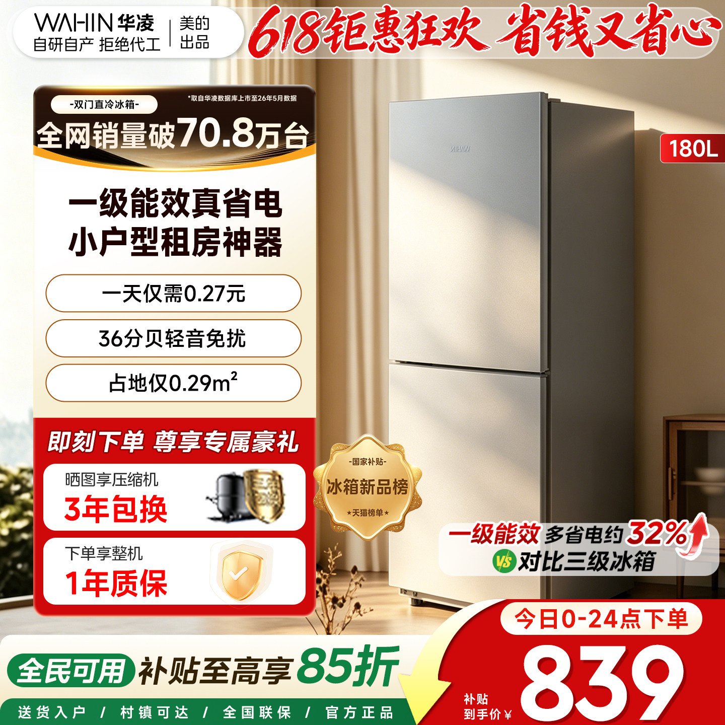美的出品华凌冰箱188一级能效双开门冷藏冷冻低噪租房宿舍小冰箱