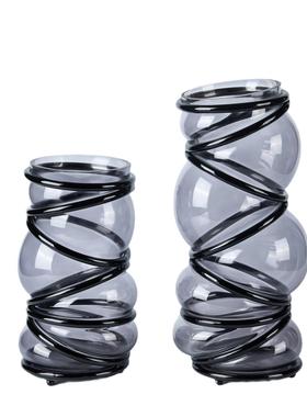 现代简约玻璃缠绕花器木质高脚果盘创意摆件桌面餐桌装饰品样板间