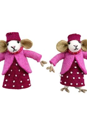 手工羊毛毡粉色贵妇小狗老鼠摆件可做挂件卡通时尚ins日韩尼泊尔