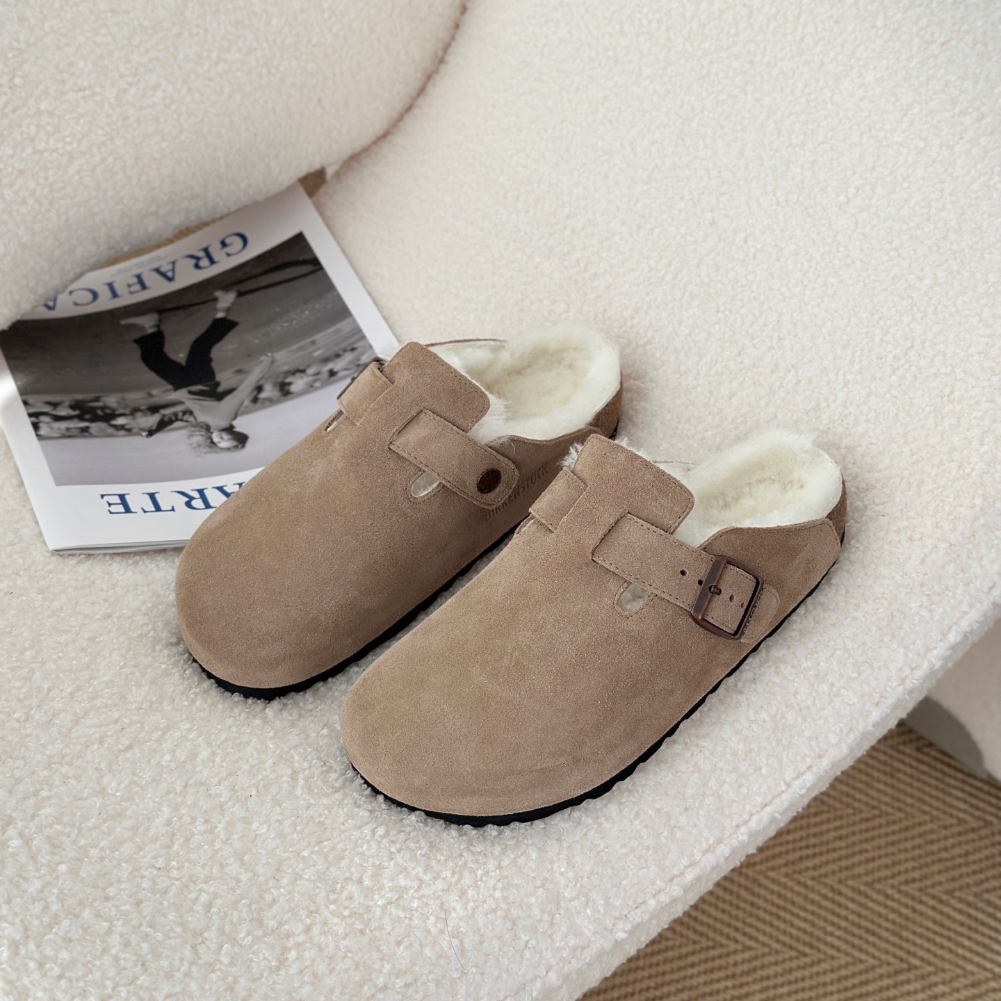 莞产外贸款羊皮毛勃肯鞋 厚底冬季加绒休闲保暖女鞋 包头半拖毛鞋