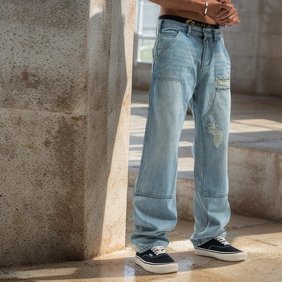 骄傲集结洗水破洞直筒伐木牛仔裤