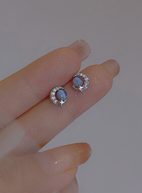 蓝色猫眼石月亮星球耳钉2026新款爆款百搭小巧小众气质耳环女耳饰