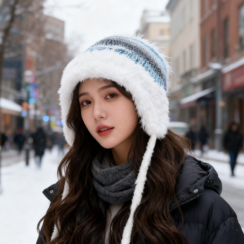 混色包头保暖防风毛线雷锋帽子女