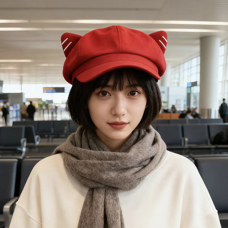 帽子酒红毛呢猫耳朵八角帽卡通
