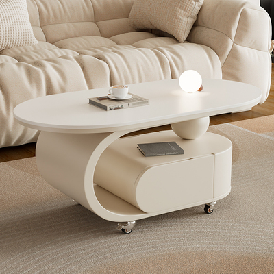 奶油风可移动茶几客厅家用岩板椭圆形高级感带轮子小推车简约边几