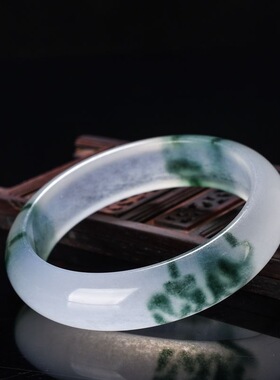 t天然正品翠色飘花玉手镯玉石玉器冰种飘花玉镯子冰透手镯