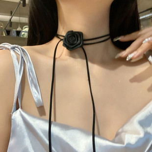 百搭锁骨颈带叠穿层次感设计蕾丝飘带细窄条丝巾项链立体花朵颈链