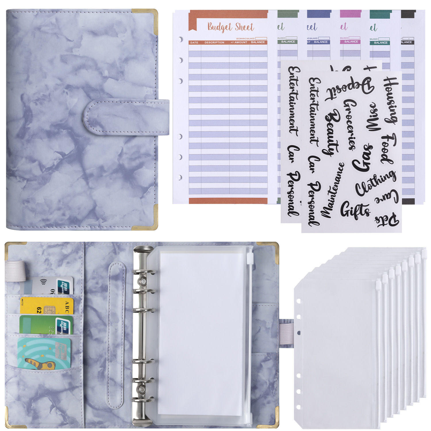 跨境A6活页夹马卡龙手账收纳PU皮革现金预算拉链袋笔记本