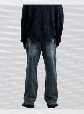 SolidHomme泥灰蓝水洗牛仔裤微喇复古宽松长裤休闲男女同款潮流版