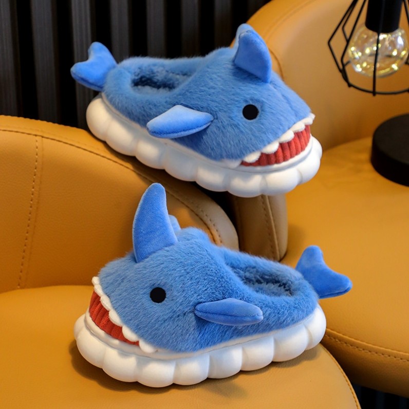 儿童棉拖鞋秋冬季宝宝防滑防水居家棉鞋皮款男女童亲子保暖室内鲨