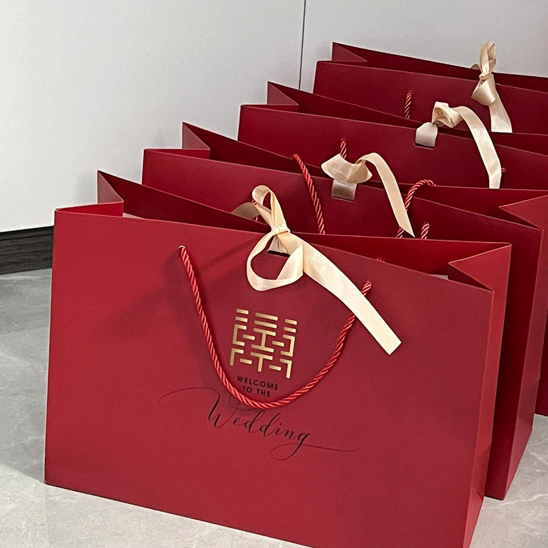 红色礼品袋手提袋高级感婚礼陪嫁回礼袋伴手礼纸袋结婚喜糖包装袋