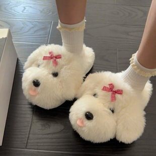 爱蝴蝶结加绒保暖防滑棉拖鞋女外穿2025秋冬新款卡通小狗毛毛拖