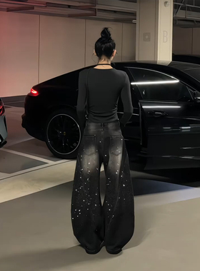 黑色重工烫钻阔腿牛仔裤女2026新款春季复古水洗磨白做旧高腰长裤