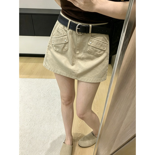 卡其色复古工装牛仔短裙女