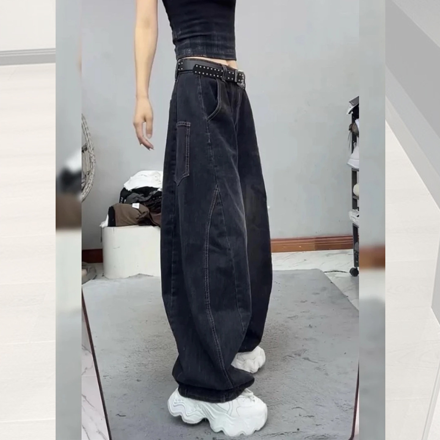 美式复古水洗黑色阔腿牛仔裤女2025新款小众设计感高腰显瘦弯刀裤,女装/女士精品,大码裤装,淘宝优惠券,粉丝福利购,淘宝优惠卷