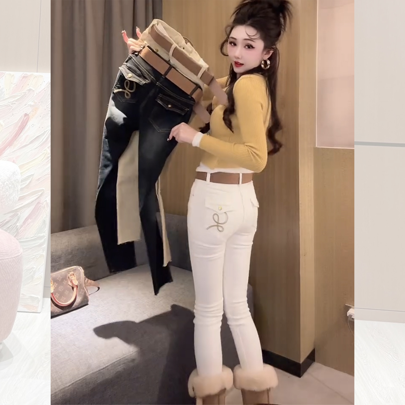 白色高腰九分小脚牛仔裤女